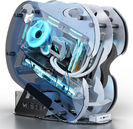 MegaPC Upgraded Open-Frame Mid-Tower Micro-ATX/Mini-ITX Gaming PC Case, Tempered Glass Side Panel, Pre-Installed ARGB PWM Fan, with USB3.0, USB-C, 240mm Radiator Support (White)