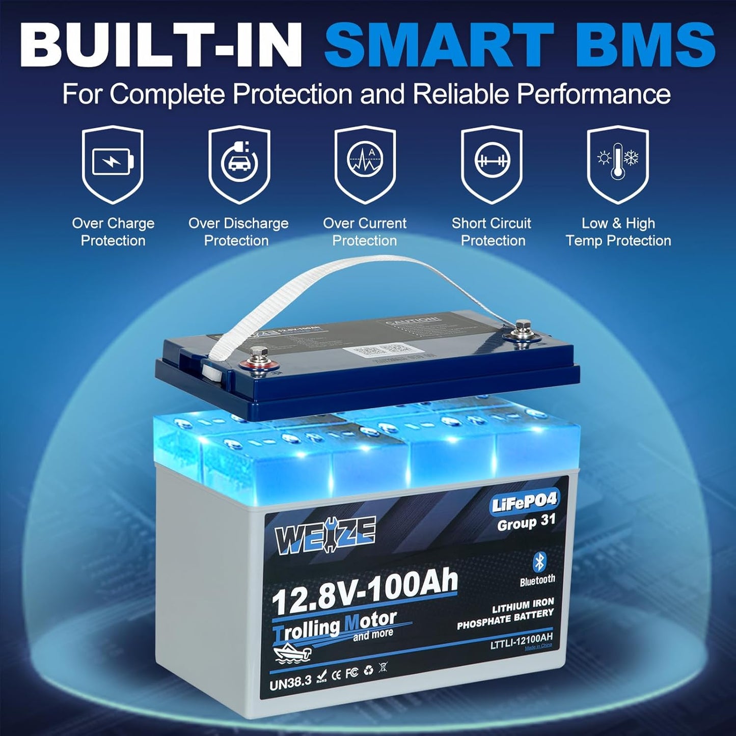 Weize 12V 100Ah TM Bluetooth LiFePO4 Lithium Battery, Built-in 120A BMS, Low-Temp Protection Group 31 Deep Cycle 500A/3S Peak Discharge Battery for Trolling Motor, Marine, Boat, RV, Solar