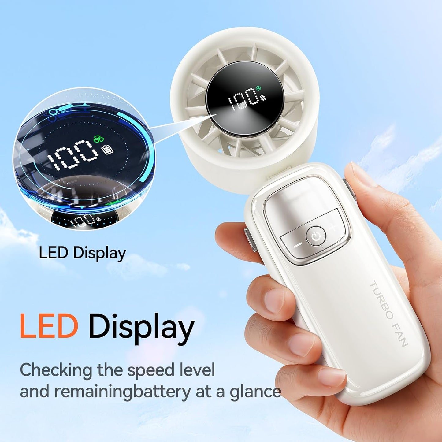 3-in-1 Portable Handheld Turbo Fan-100 Speeds, 15000 RPM, 10Hrs Cooling, LED Display, 90° Rotation, USB Rechargeable Battery Powered, Mini Foldable Hand Held Personal Fan for Women Men (white)
