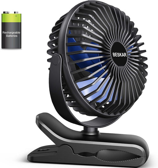 BESKAR Portable Clip on Fan Rechargeable, 4 Speeds Small Battery Operated Fans, USB Desk Fan with Strong Airflow, Sturdy Clamp Fans for Golf Cart Office Outdoor Travel Camping