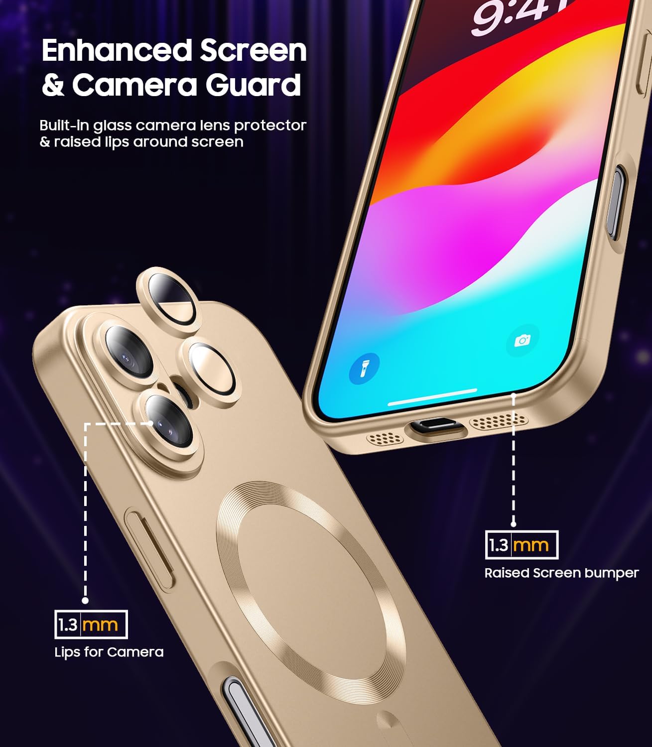 Magnetic for iPhone 16 Case [Compatible with MagSafe][Built-in Camera Lens Protector] Slim Soft Silicone Bumper Shockproof Metallic Luster Phone Case (Gold)