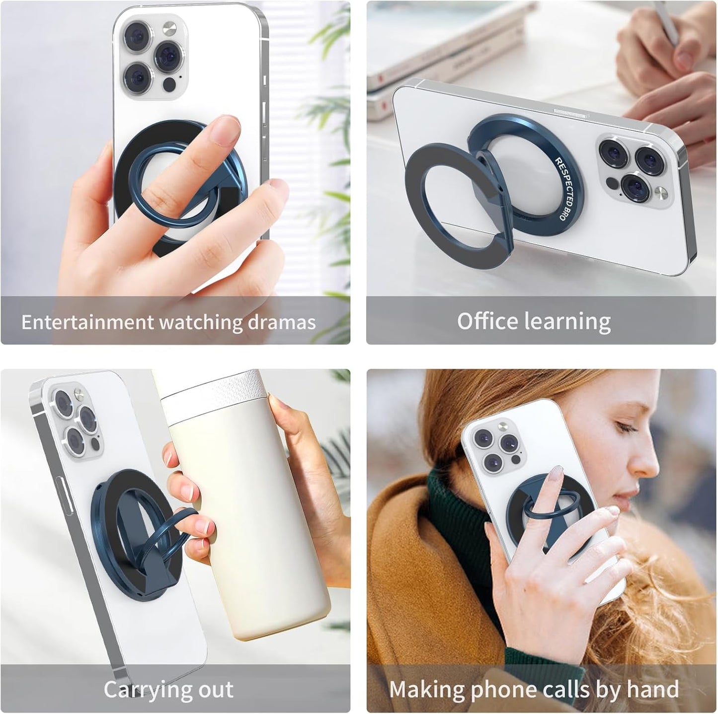 RESPECTED BRO-Magnetic-Phone-Ring-Holder with Dual Rings, Compatible with iPhone 16/15/14/13/12, Multifunctional Stand for Desk,Office,Gym,Kitchen & All Metal Surfaces, Finger Loop Grip (Dark Blue)