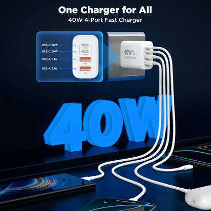 [2 Pack] iPhone 16 Charger Block 4-Port,40W USB C PD Power Adapter Fast Charging+ QC 3.0 USB A Multiport Charger Brick for iPhone 16/15/14/13/Pro Max/XS/XR/8/7, iPad, Airpods,iwatch,Samsung,Tablets