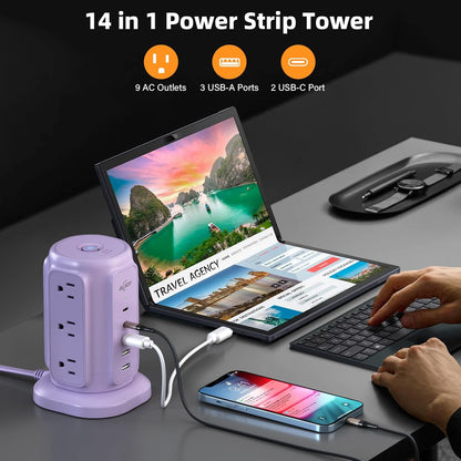 AiJoy Flat Plug Power Strip Tower with 9 Outlets and 5 USB Ports (2 USB C), 1200J Surge Protection with 1625W Extension Cord with Multiple Outlets for Dorm Home Office Supplies, Purple