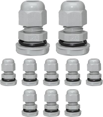 10 Pcs 1/4" NPT Nylon Cable Glands, IP68 Waterproof Adjustable Cord Grip Cable Connector Strain Relief Wire Protectors for 4-6mm Cable Diameter, Grey
