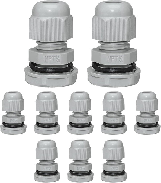 10 Pcs 1/4" NPT Nylon Cable Glands, IP68 Waterproof Adjustable Cord Grip Cable Connector Strain Relief Wire Protectors for 4-6mm Cable Diameter, Grey
