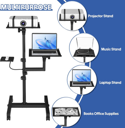 2 Shelves Mobile Projector Stand, Rolling Laptop Stand Adjustable Height to 47 Inches, Podium Stands with Ventilated Tray, Heavy Duty, Laptop Floor Stand for Office, Home, Stage, DJ