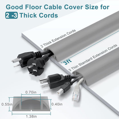 Cord Hider Floor, 3FT, Grey Cord Cover Floor, Cord Protector Floor Extension Cable Cover, Soft PVC Wire Covers - Cable Management Hide Cords on Floor - Cord Cavity: 0.7" (W) x 0.4"(H)
