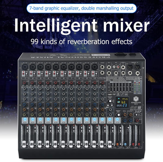 W IN-MIX DX12 Professional DJ Audio Mixer 12 Channel with 99 DSP Effects,7-band EQ,Independent 48V Phantom Power&Mute Button,Bluetooth Function,USB Interface Recording For Studio & Stage