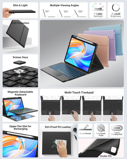 GreenLaw for iPad Air 11 inch case with Keyboard(M2, 2024), for iPad Pro 11 (4th/3rd/2nd/1st Gen) & iPad Air 5th/4th Gen, 7-Color Backlit, Smart Touchpad, 2 Device Connection, Black