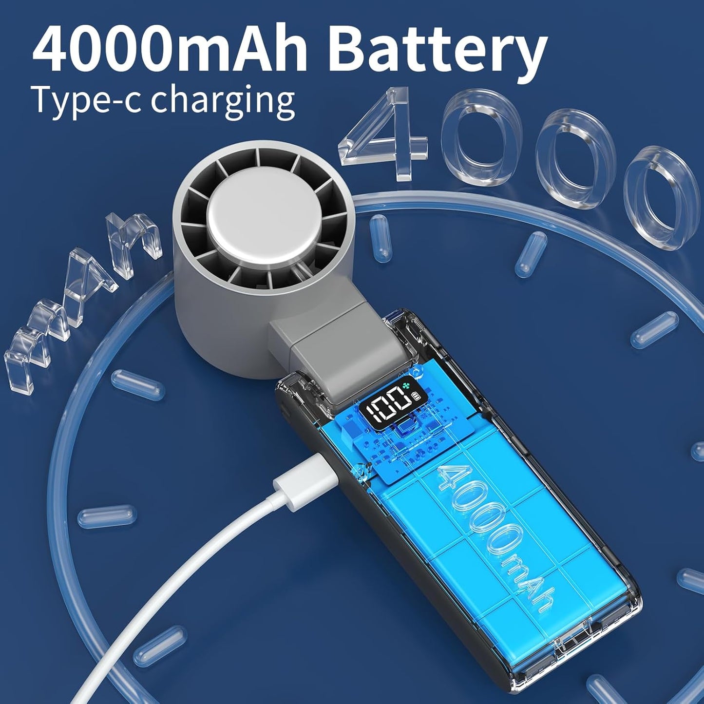 OTPEIR Portable Handheld Turbo Fan with Cooling Tech, Digital Display, 100-Speed Control, Rechargeable 4-in-1 Personal Fan for Travel, Outdoor, Office (Grey)