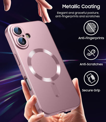 Magnetic for iPhone 16 Plus Case [Compatible with MagSafe][Built-in Camera Lens Protector] Slim Soft Silicone Bumper Shockproof Metallic Luster Phone Case (Rose Gold)