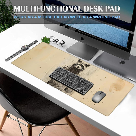 Vintage Raccoon Gaming Mouse Pad, Large Office Desk Mat, Anti-Slip Rubber Base Mousepad for Computer Laptop Keyboard, Smooth Desk Pad for Home Office Gamer Work Accessories 31.5" x 11.8"