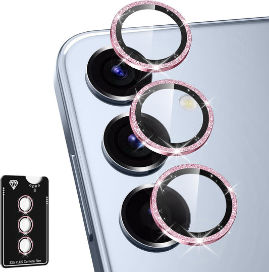 for Samsung Galaxy S25 Plus Camera Lens Protector, Individual Metal Ring Tempered Glass Lens Cover, [Strong Adsorption] Scratch Resistant Ultra-Thin HD Clear Lens Cover, 1 Set-Pink Sparkly