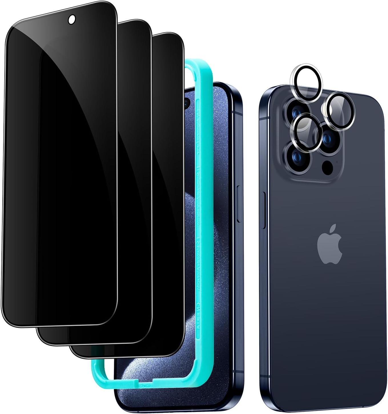 ESR 3+1 Pack for iPhone 15 Pro Privacy Screen Protector Set, Anti-spy Tempered-Glass Privacy Screen Protector, Micro-curved Edges, Case Friendly, 3-Pack with 1 Set of Individual Camera Lens Protector