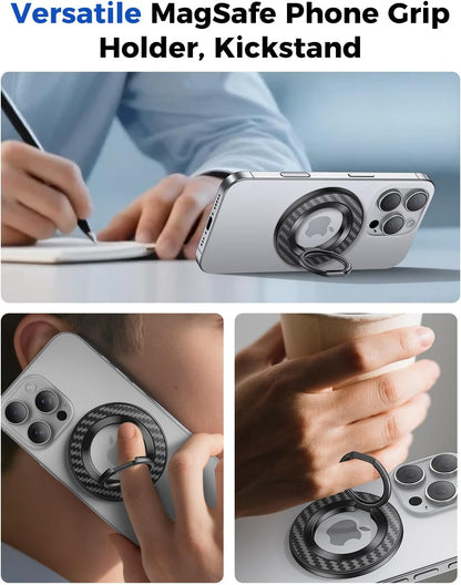 SYNCWIRE Carbon Fiber Magnetic Phone Ring Holder for MagSafe - Magnet Phone Grip Stand with 360° Rotation & Reinforced Hinge Compatible with iPhone 16 15 14 13 Pro Max Plus MagSafe Accessories