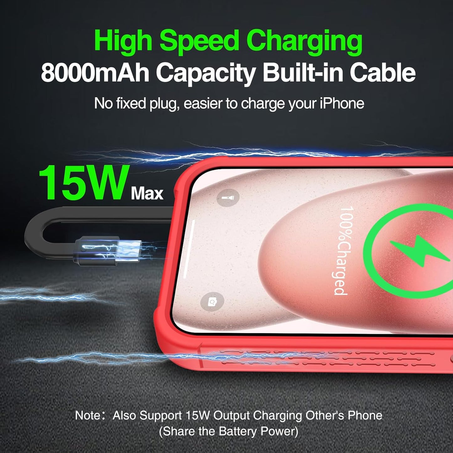 GIN FOXI Fast Charging Battery Case for iPhone 15 Pro Max/15 Plus, 8000mAh 15W Ultra Slim Charger Case Rechargeable Portable Extended Power Bank Case Cover Battery Pack Built-in Cable, Red(6.7”)