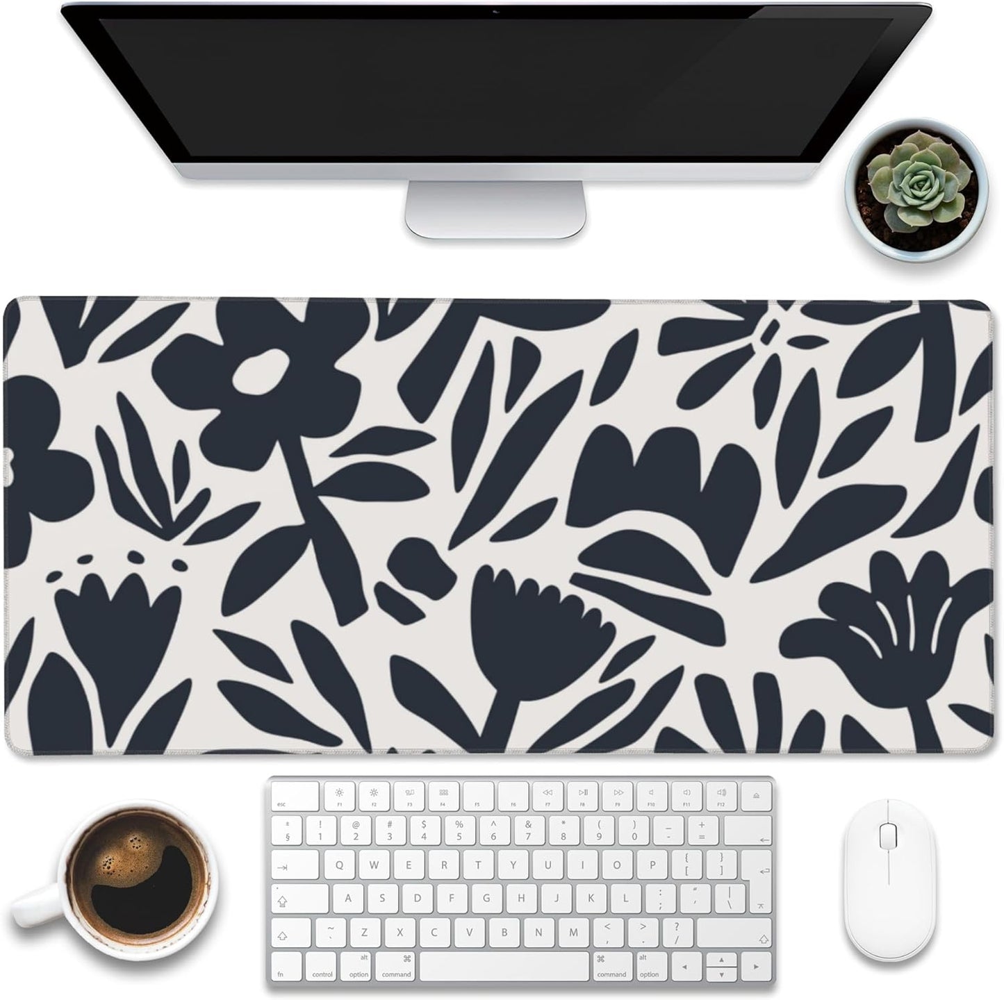 Desk Pad,Hand Drawn Leaves and Flowers Desk Mat,Abstract Plant Large Gaming Mouse Pad for Desk,Extended Big Computer Keyboard Mouse Pad with Non-Slip Base and Stitched Edge,35.4"x15.7"