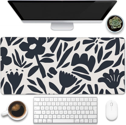 Desk Pad,Hand Drawn Leaves and Flowers Desk Mat,Abstract Plant Large Gaming Mouse Pad for Desk,Extended Big Computer Keyboard Mouse Pad with Non-Slip Base and Stitched Edge,35.4"x15.7"