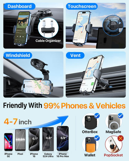 HTU Upgraded Strongest Suction Car Phone Holder Bendable Arm, Never Block View Rotatable Cellphone Mount for Dashboard Windshield Vent, Cradle Stand for iPhone 16 15 14 13 12 Pro Max (Dark Pink)