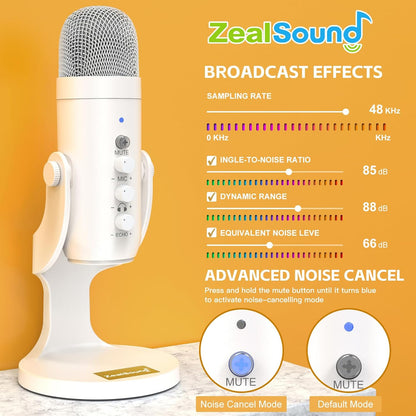 ZealSound USB Microphone,Quick Mute Noise Cancel for Phone Computer PC PS5,Gaming Microphone with Gain Control,Echo Monitor Volume Adjust for Streaming Vocal Recording ASMR Podcast Video K66 White