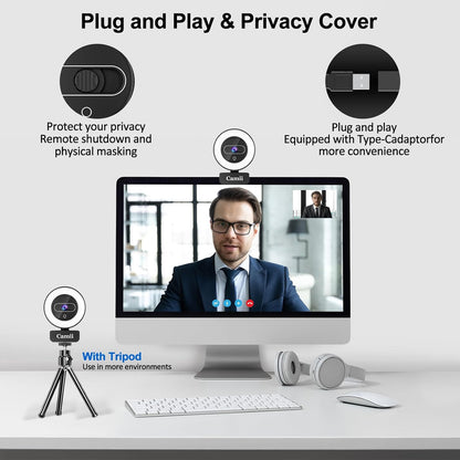 4K Webcam with Light, HD Webcam for PC with Remote Control, Built-in Privacy Cover, Adjustable Brightness, Noise Reduction Mics, for Zoom Skype Teams Laptop and Google Meet