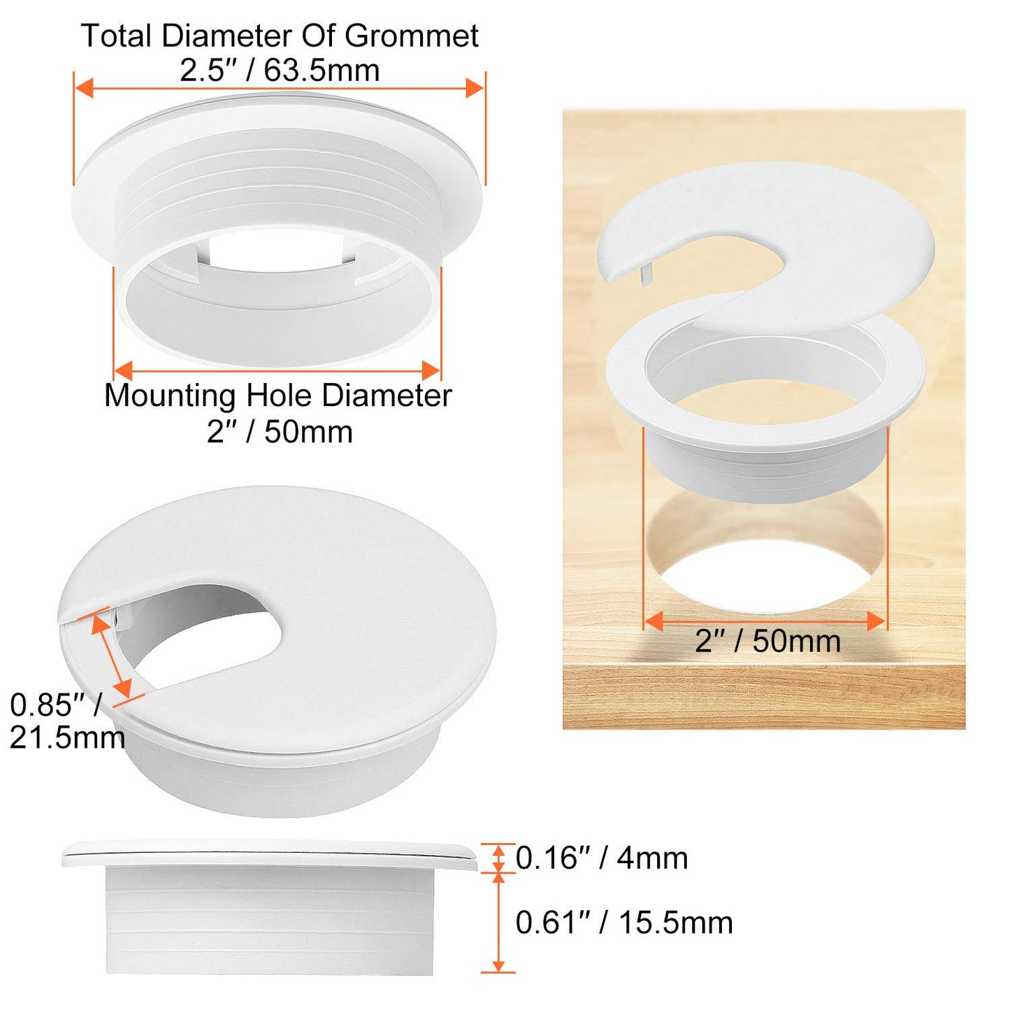 20Pack 2" Black Desk Grommet, HNBun Wire Cable Hole Cover Plug Cap Insert, PC Computer Desk Plastic Grommet Cord Wire Organizer Caps for Hide Office Cords and Cables