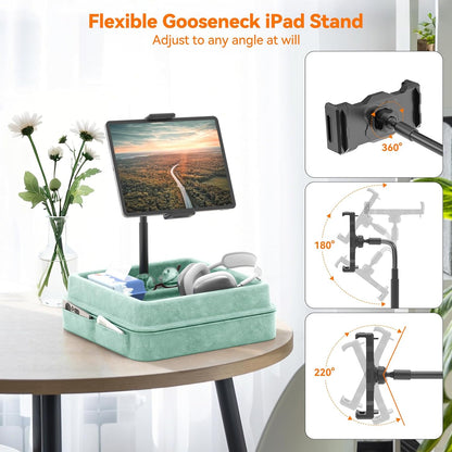 KDD Tablet Pillow Holder - 360°Adjustable iPad Pillow Stand for Lap, Bed and Desk - Gooseneck Tablet Soft Pad Dock with Storage Tray and Pocket Compatible with iPad Pro 12.9, Air Mini, Phone,(Green)