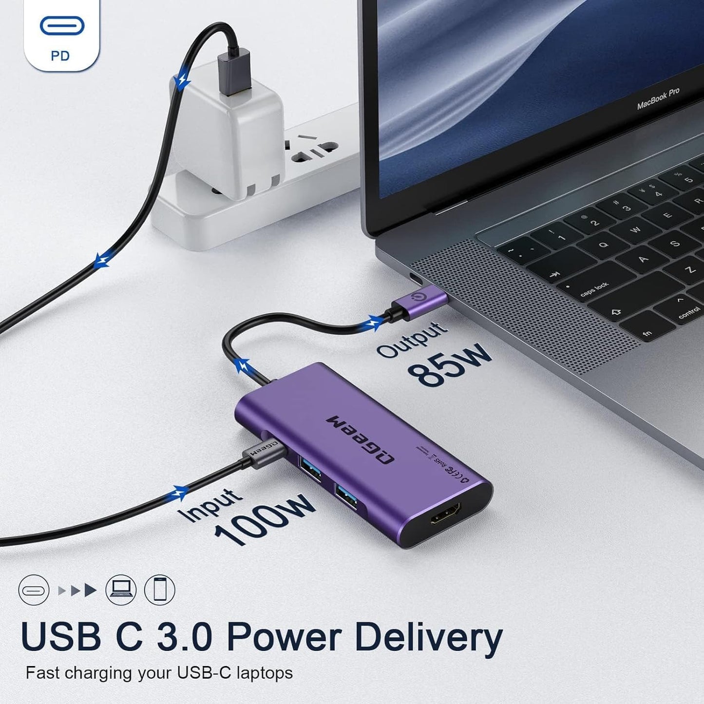 USB C Hub, QGeeM USB 4k to HDMI Adapter, 7 in 1 USB-C Dongle with 100W PD,USB 3.0, Card Reader, Compatible for MacBook iPhone 15/16 Ipad Pro max,Chromebook Laptop USB Type C Dock-Purple