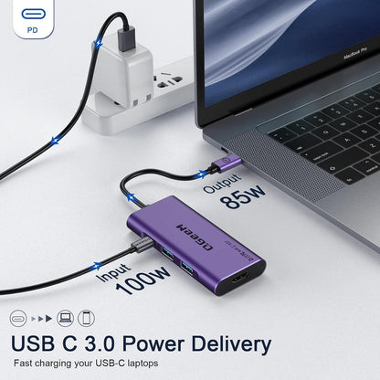 USB C Hub, QGeeM USB 4k to HDMI Adapter, 7 in 1 USB-C Dongle with 100W PD,USB 3.0, Card Reader, Compatible for MacBook iPhone 15/16 Ipad Pro max,Chromebook Laptop USB Type C Dock-Purple