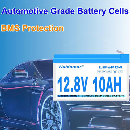 12V 10Ah LiFePO4 Battery, Lithium Battery with BMS, 3000+ Cycles, 128WH Deep Cycle Battery for Marine Battery, Car, RV, Golf Cart, Solar, Trolling Motor, Replace AGM/SLA