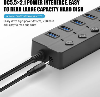 90 Degree USB Hub Splitter YACSEJAO USB 2.0 Data Hub with Individual LED Button On/Off Switch DC5.5 * 2.1 Power Port for Laptop,PC Computer (7 Ports, 1M)