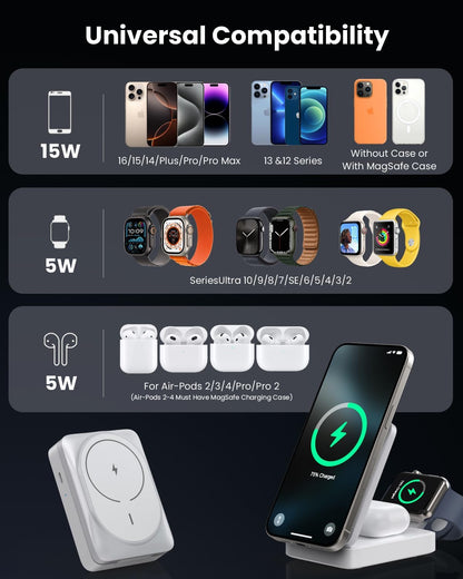 3-in-1 Wireless Charger Charging Station for iPhone, Qi2 Certified 15W Fast Charging Foldable Magnetic Charger Stand with 30W USB C Adapter for MagSafe iPhone 16/15/14/13/12, Apple Watch, AirPods