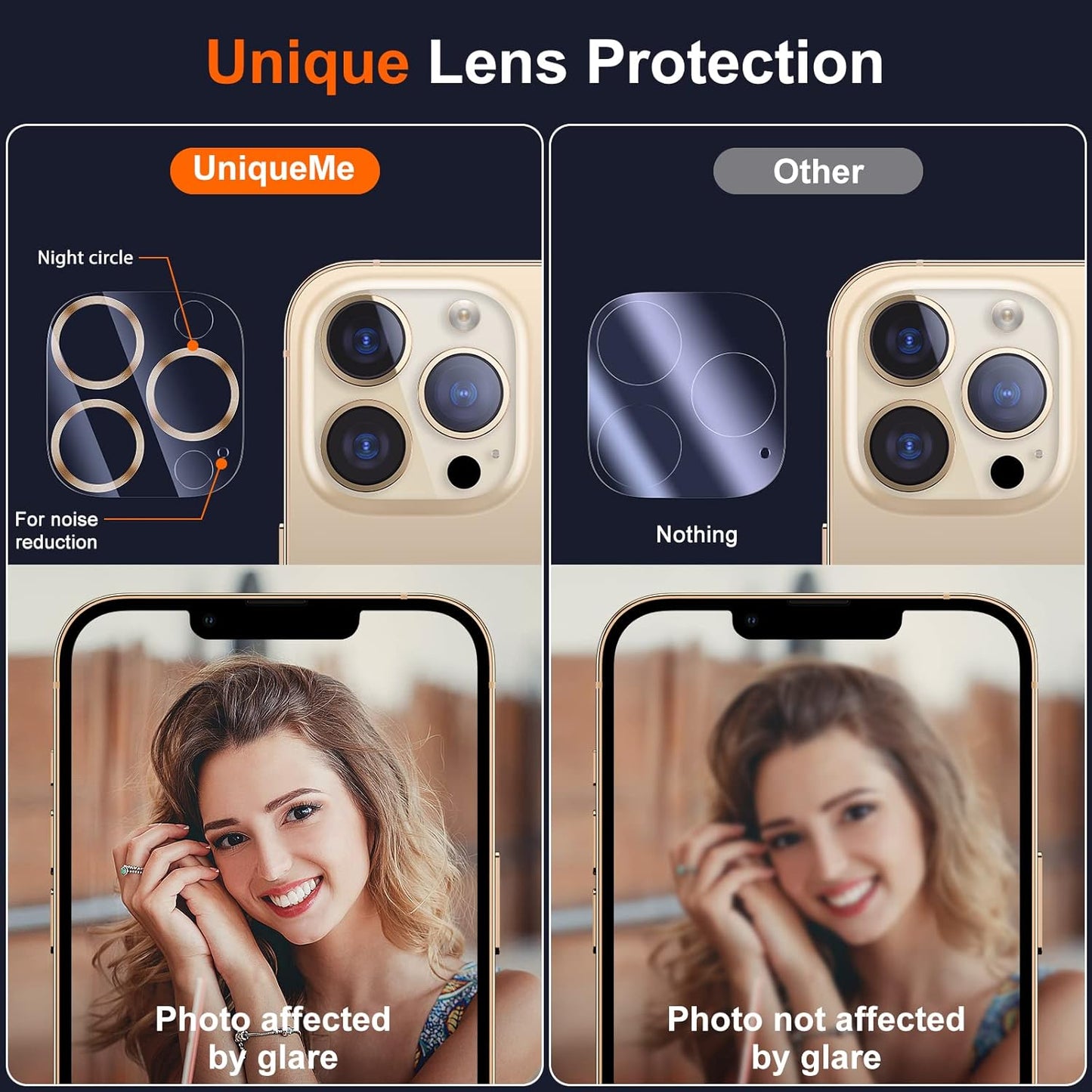 UniqueMe [3 Pack] Camera Lens Protector Compatible with iPhone 13 Pro 6.1" / 13 Pro Max 6.7" Tempered Glass,[Case Friendly][New version][Scratch-Resistant][Easy Installation] -Gold