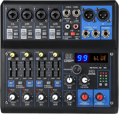 Dj Mixers 8 Channel Audio Mixer Sound Board with Bluetooth, Usb Audio Interface with Sound Card Recording and 48V Phantom Power Sounds Mixer Board with 99 DSP FX Reverb Delay Effect for Streaming