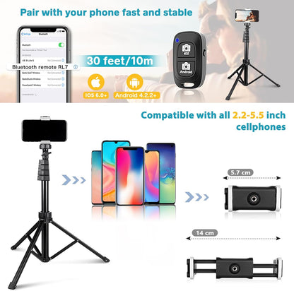 Aureday 67" Phone Tripod, Extendable Cell Phone and Camera Tripod Stand with Wireless Remote & Phone Holder, Aluminum Selfie Stick Tripod
