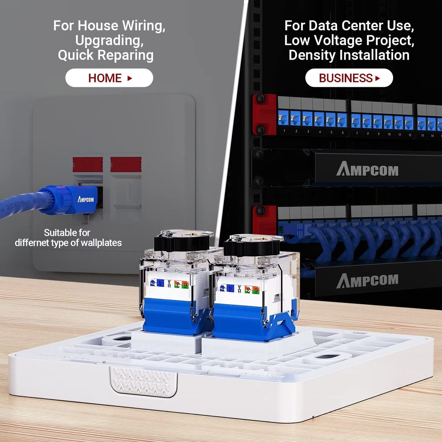 AMPCOM CAT6A UTP RJ45 Keystone Jack 50u Gold Plating Reusable Ethernet Wall Jack with Adjustable Ratchet Lock (No Tool and Zip Tie Required) - Blue (12-Pack)