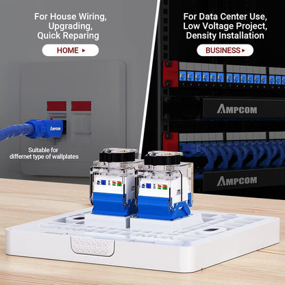 AMPCOM CAT6A UTP RJ45 Keystone Jack 50u Gold Plating Reusable Ethernet Wall Jack with Adjustable Ratchet Lock (No Tool and Zip Tie Required) - Blue (12-Pack)