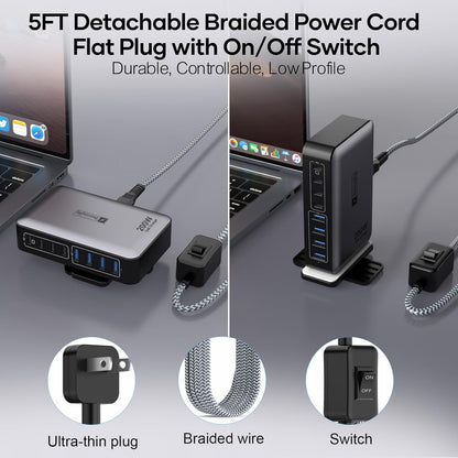 USB C Fast Charger Block 200W, 8 Ports Charging Station for iPhone/Ipad/MacBook, 4C4A GaN Charger Box, Flat Plug Multi Chargers for All Devices 5ft Braided Power Cord with On/Off Switch