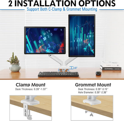 MOUNTUP Dual Monitor Stand for Desk, Pneumatic Monitor Arms for 2 Monitors Max 32 Inches, Height Adjustable Double Monitor Mount, VESA Mounts with C-Clamp & Grommet Base, Holds 4.4-17.6lbs, White