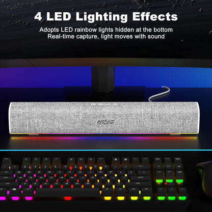 SOULION R100 Bluetooth Computer Speakers with Dynamic LED Light, USB Plug & Play PC Speakers with Switch Button, Clearly Sound Soundbar for Desktop Laptop Monitor White (USB-C to USB Adapter Included)