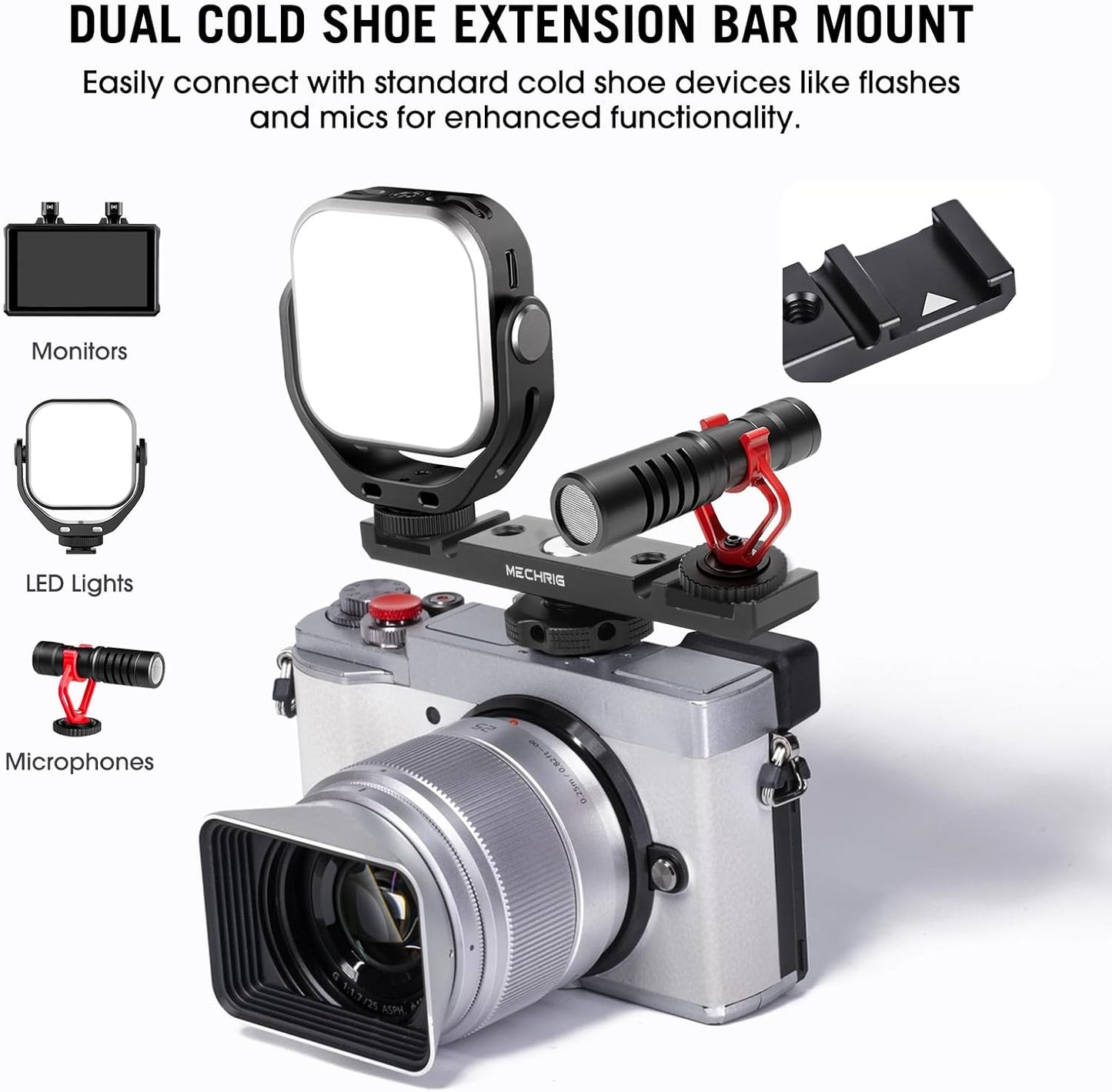Dual Cold Shoe Extension Bar Mount, Aluminum Dual Hot Shoe Mount Bracket with 1/4" Thread & Cable Slot, Cold Shoe Bracket for DSLR Camera LED Video Light Microphone Monitor (62034)