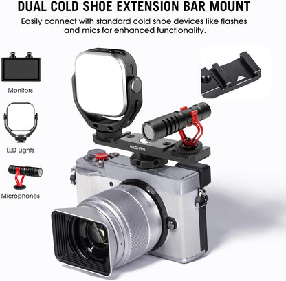 Dual Cold Shoe Extension Bar Mount, Aluminum Dual Hot Shoe Mount Bracket with 1/4" Thread & Cable Slot, Cold Shoe Bracket for DSLR Camera LED Video Light Microphone Monitor (62034)