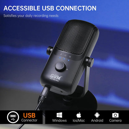 GVM Condenser Microphone, USB Type-C Podcast Recording Microphone for Vocal Voice-Over Streaming Studio Metal Mic with Mic Mute Headphone Jack Monitoring Volume Control Vocal Mic for Singing YouTube
