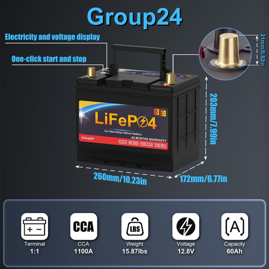 GROUP 24 Lithium-ion Car Battery, 12.8V 60Ah 1100CCA LiFePO4 Automotive Battery For Car, With LED Display and Emergency Start Button 60 Months Warranty