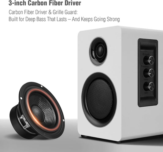 Computer Speakers for Desktop PC, Active Bookshelf Speaker with 3‘’ Carbon Fiber Woofer and Silk Film Tweeter ,Supports Bluetooth 5.3, USB-C, AUX/RCA Input for Record Player TV - White Stereo Set