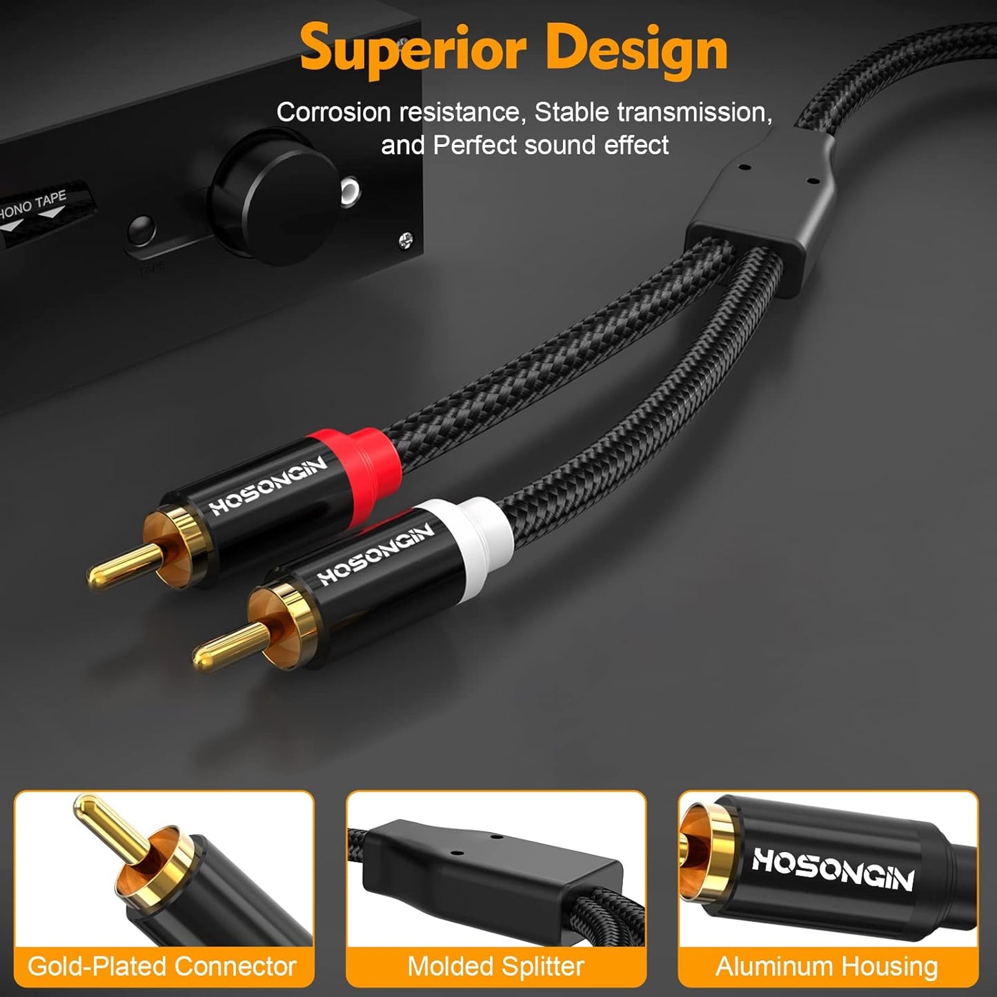 HOSONGIN RCA Cables 3.3ft 2 Pack[Hi-Fi Sound, Nylon Braided, Shielded], 2-Male to 2-Male RCA Audio Stereo Subwoofer Cable Auxiliary Cord for Home Theater, HDTV, Amplifiers, Hi-Fi Systems, Speakers