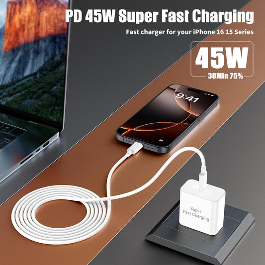 iPhone 16 Pro Max Charger Fast Charging, 45W Super Fast USB C Chargers for iPhone 16 15 6FT+6FT+10FT Type C Chargers Cord with Fast Charger Block for iPhone 16/16 Pro Max/15/15 Pro Max/iPad/ GalaxyS24