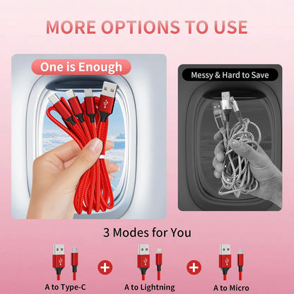 Multi Charging Cable, (2 Pack 4FT) Multi USB Charger Cable 3 in 1 Charging Nylon Braided Fast Charging Cord with Type-C, Micro USB, IP Port for Most Phones/iPhones/Tablets, Red
