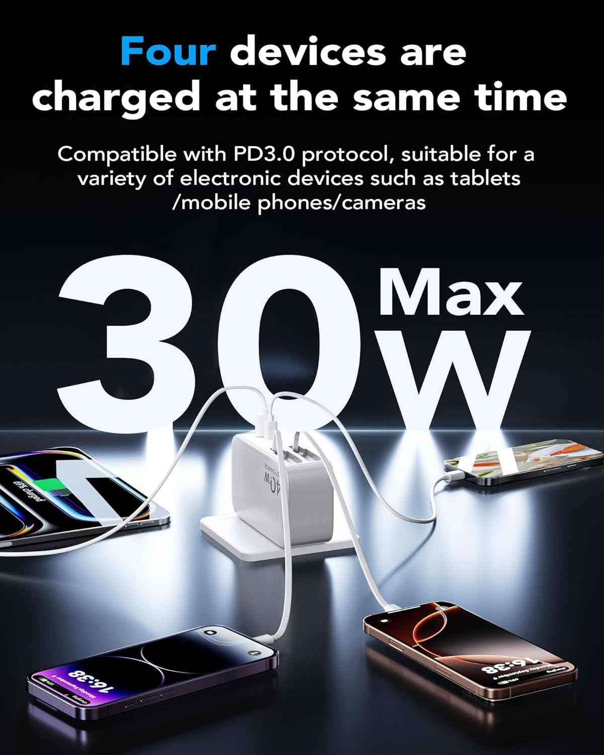 4-in-1 Retractable Gan Wall Charger Plug,Travel Essentials Brick Multiport USB Ports,3ft Lightening and Type C Cables,40W Multi Fast Charging Foldable Block for iPhone 16/15/14/13,iPad,Galaxy,Pixel